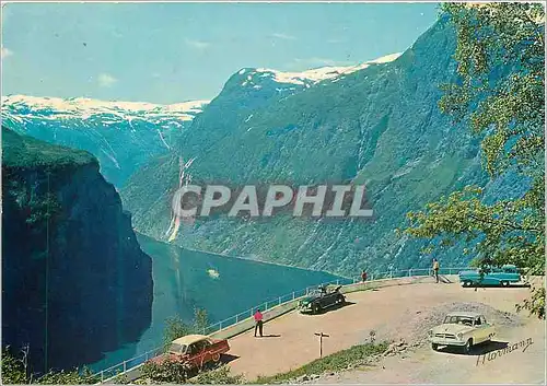 Moderne Karte Norway Geirangerfjord View from the Eagles Bend towards the Pulpit and the waterfalls The Seven