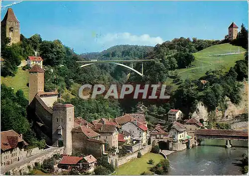 Cartes postales moderne Fribourg et la Sarine Pont du Gotteron et pont couvert