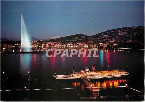 Moderne Karte Geneve La Rade Le Jet d eau et le Mt Blanc le soir