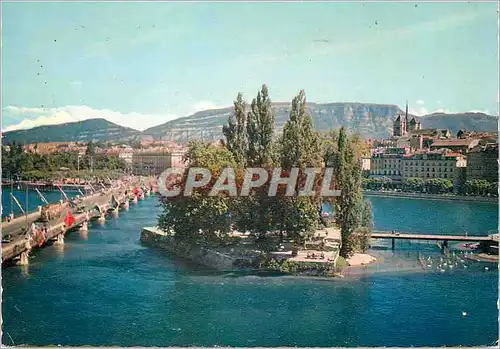 Cartes postales moderne Geneve L ile JJ Rousseau le pont du Mont Blanc et la Cathedrale de Saint Pierre