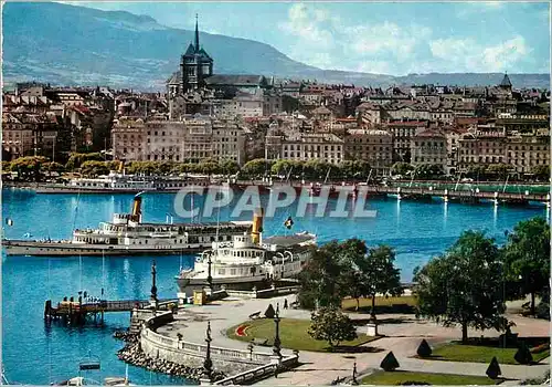 Moderne Karte Geneve La rotonde du quai du Mont Blanc et la ville Bateau