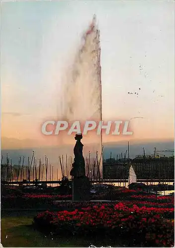 Moderne Karte Geneve La statue de la Brise et le jet d eau au crepuscule