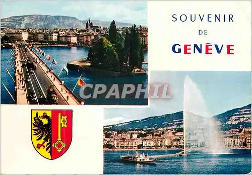 Moderne Karte Geneve Pont du Mont Blanc et Ile Jean Jacques Rousseau La Rade et le Jet d Eau