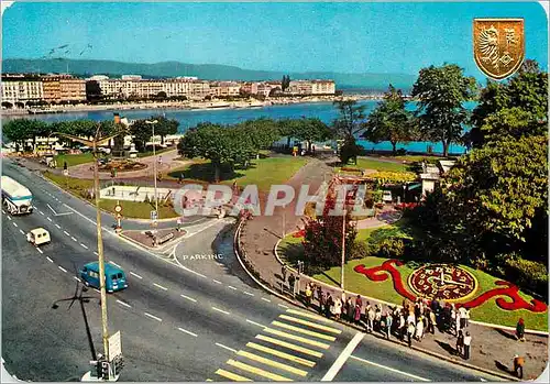 Cartes postales moderne Geneve L horloge fleurie et l entree du parking sous lacustre