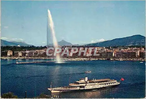 Cartes postales moderne Geneve Le jet d eau et le Mont Blanc Depuis l Hotel Beau rivage Bateau