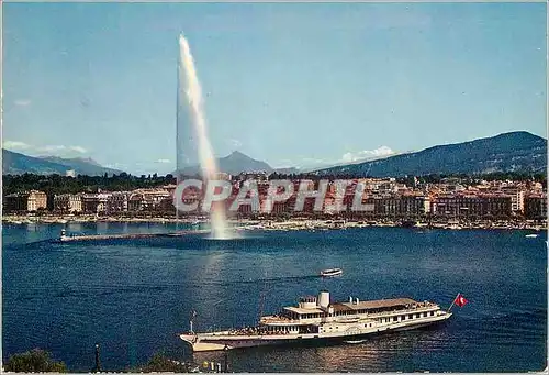 Moderne Karte Geneve Le jet d eau et le Mont Blanc Depuis l Hotel Beau rivage Bateau