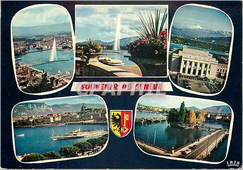 Moderne Karte Geneve Vue aerienne Le jet d eau Le palais des nations La Rade L ile JJ Rousseau