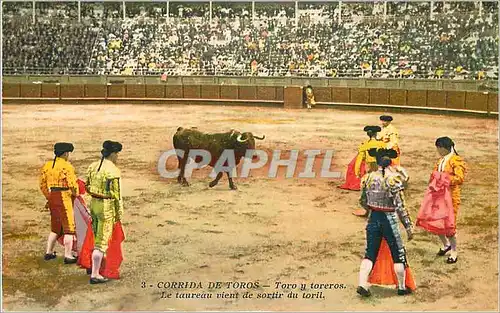 Cartes postales Corrida de Toros Toro y toreros Le taureau vient de sortir du toril