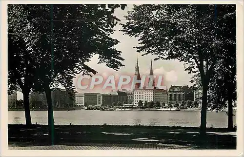 Moderne Karte Hamburg Blick von der Lombardsbrucke auf Binnenalster Jungernstleg und St Nicolaikirche