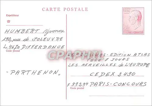 Entier Postal Luxembourg pour Paris