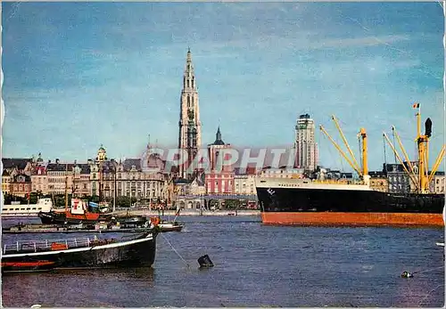 Moderne Karte Anvers vue depuis la rive gauche de l'escaut Bateaux