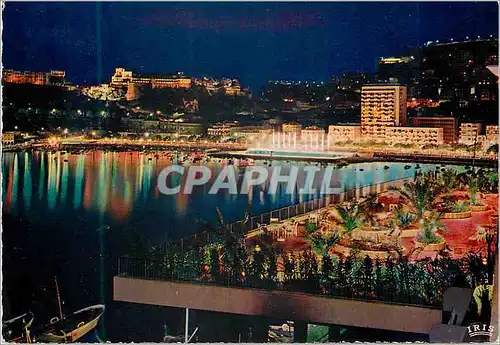 Moderne Karte MONACO la nuit Vue g�n�rale sur le Port la terrasse de la piscine de l'H�tel de Paris Au fond  l