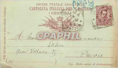 Entier Postal Italie 1891 pour Paris Quai Voltaire