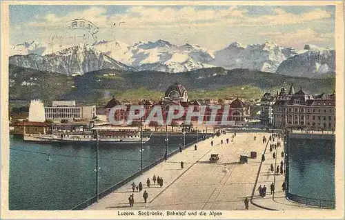 Ansichtskarte AK Luzern Seebrucke Bahnhof und die Alpen