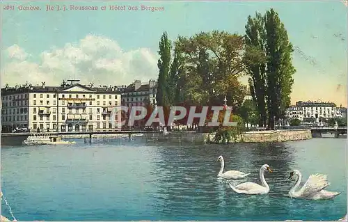 Cartes postales Geneve Ile JJ Rousseau et Hotel des Bergues Cygnes