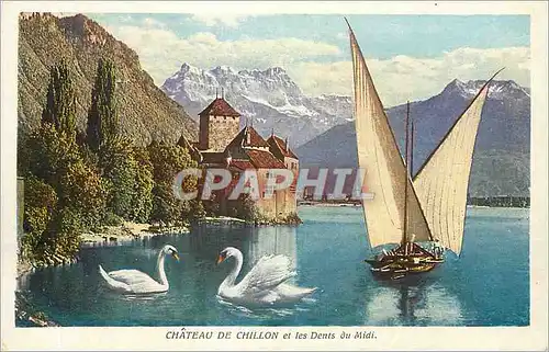 Cartes postales Chateau de Chillon et les Dents du Midi Bateau Cygnes