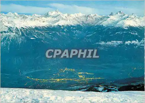 Moderne Karte Des hauts de Montana Crans vue de nuit sur Sierre Weisshorn m Cervin m et Dt Blanche m