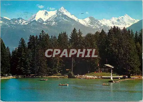 Cartes postales moderne Schweiz Suisse Switzerland Crans Montana alt Lac Moubra plage et camping et vue sur le Weisshorn