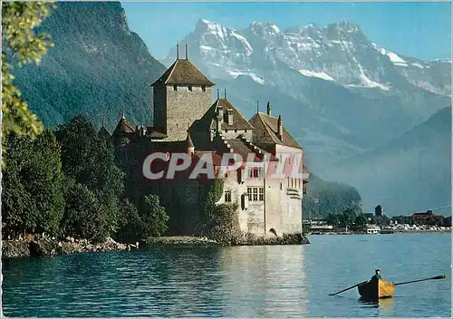 Moderne Karte Lac Leman Le Chateau de Chillon et les Dents du Midi Reproduction interdite Iris mexichrome