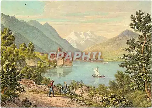 Moderne Karte Le Chateau de Chillon et les Dents du Midi d apres une gravure ancienne du debut du xixesiecle