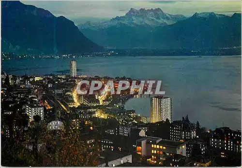 Moderne Karte Montreux La Ville et les Dents du Midi a la tombee dujour Iris Mexichrome Reproduction interdite