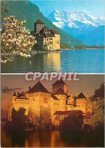 Cartes postales moderne Montreux Chillon Le Chateau de Chillon au printemps et de nuit