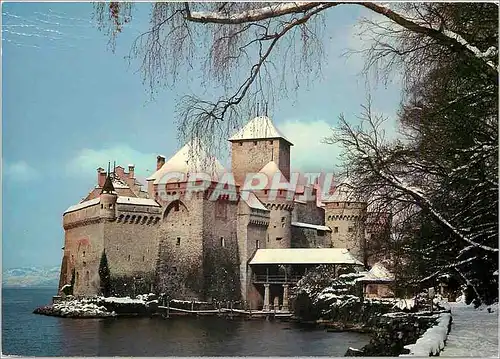 Moderne Karte Schweiz Suisse Switzerland Le Chateau pres Montreux en hiver Schloss Chillon bei Montreux im Win