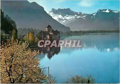 Moderne Karte Montreux Lumiere du Matin Le Chateau de Chillon Illuminazione del primo mattino Castello di Chil