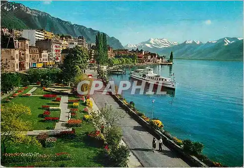 Moderne Karte Montreux Vue sur Quai et les Dents du Midi Blick auf Uferpromenade und Dents du Midi Veduta del