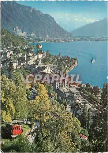 Moderne Karte Territet Veytaux pres Montreux Faniculaire pour Glion Au fond Chateau de Chillon Villeneuve et l