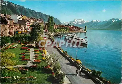 Moderne Karte Montreux Vue sur Quai et les Dents du Midi Blick auf Uferpromenade und Dents du Midi Veduta del