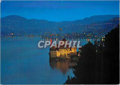 Moderne Karte Montreux Vue Nocturne du Chateau de Chillon Nachuafnahme von Schloss Chillon Veduta notturna del