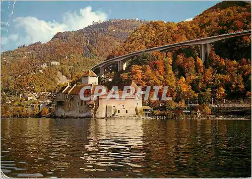 Moderne Karte Montreux Chateau de Chillon et autoroute du Leman Helvetia Photoglob S A Zurich Vevey