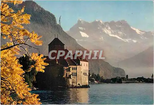 Moderne Karte Lac Leman Le Chateau de Chillon et les Dents du Midi Montreux Septembre Musical Helvetia
