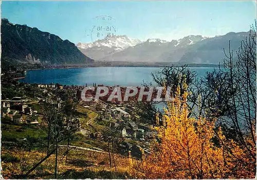 Moderne Karte Montreux Vue generale et les Dents du Midi Iris Mexichrome Helvetia