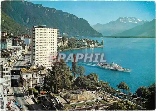 Moderne Karte Montreux Lac Leman Pavillon des Sports Eurotel et vue sur les Dents du Midi Montreux Ville de Se