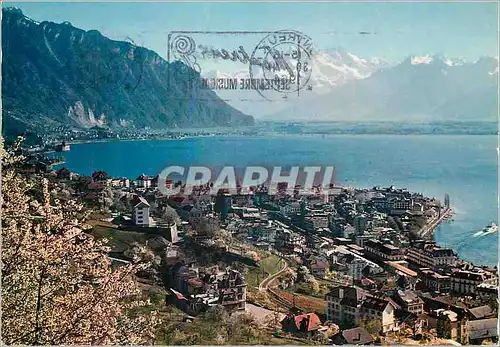 Moderne Karte Montreux Vue generale et les Dents du Midi Helvetia Iris Mexichrome