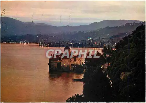 Moderne Karte Montreux Le Chateau de Chillon et la ville au crepuscule La Poste Aerienne Est Rapide est Sure H