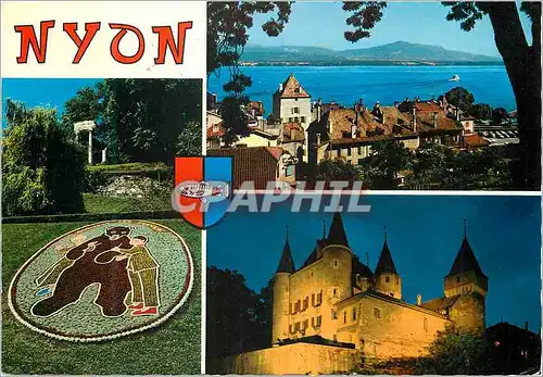 Cartes postales moderne Nyon Parterre fleuri et colonnes romaines Vue de la terrasse du Chateau Le Chateau illumine coul