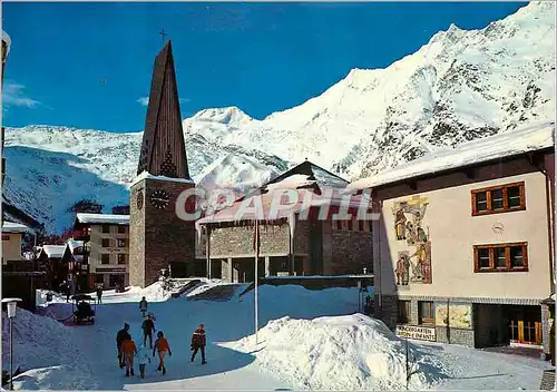 Moderne Karte Saas Fee Wallis Kirche und Dorfplatz Alphubel Taschhorn Dom