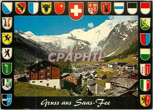 Moderne Karte Gruss aus Saas Fee Saas Fee mit Allalinhorn Feegletscher Alphubel und Taschhorn