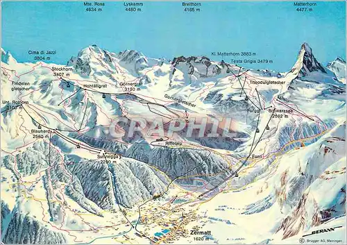 Moderne Karte Zermatt Berran Rifferlalp Surnegga Blauherd Rothorn Findelen gletscher Cimma de Jazzi Stockhorn