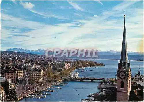 Cartes postales moderne Zurich Blick vom St Peterturm auf Fraumunster Believue Quaibrucke See und Alpen Zuspa Zurcher He