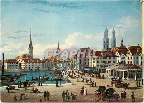 Cartes postales moderne Zurich Blich vom Bellevue im Vordergrund die Schifflande nach einem alten Stich von J Ruf gez vn