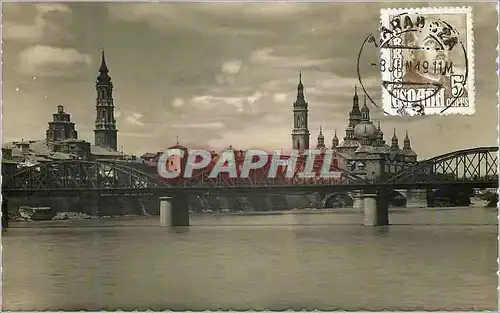 Cartes postales Zaragoza Puente de Hierro sobre el rio Ebro y Templo del Pilar Ediciones Garcia Garabella Prohib