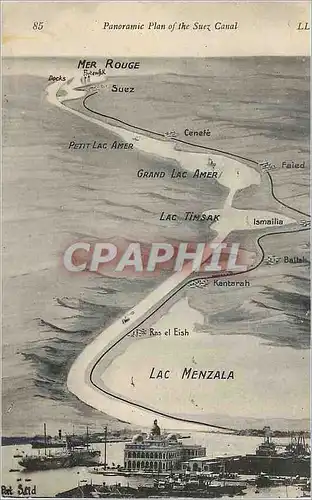 Cartes postales Plan Panoramique du Canal de Suez Lac Menzala Timsak Faied Port Said Mer Rouge