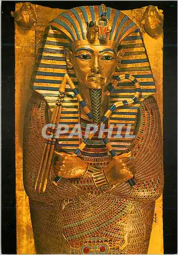 Moderne Karte Cairo Egyptian Museum Tutankhamens Treasures Second coffin richly decorated with gold and semi p