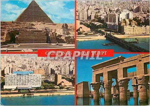 Cartes postales moderne Giza The pyramids of Chefren and the Sphinx General view of Cairo The river Nile and the Nile Hi