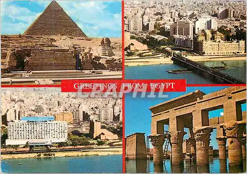 Moderne Karte Greetings from Egypt Giza The pyramids of Chefren and the Sphinx General view of Cairo The river