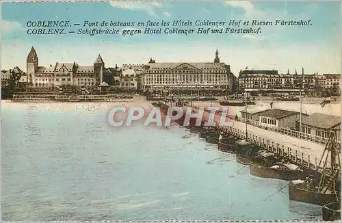Cartes postales Coblence Pont de bateaux en face les Hotels Coblenzer Hof et Riesen Fuhrstenhof